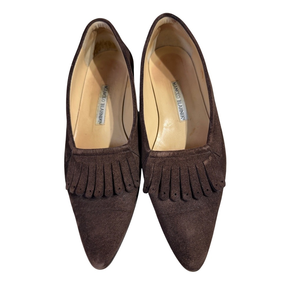 Manolo Blahnik Brown Suede Kiltie Fringe Pointed Toe Flats Size 38 8 READ